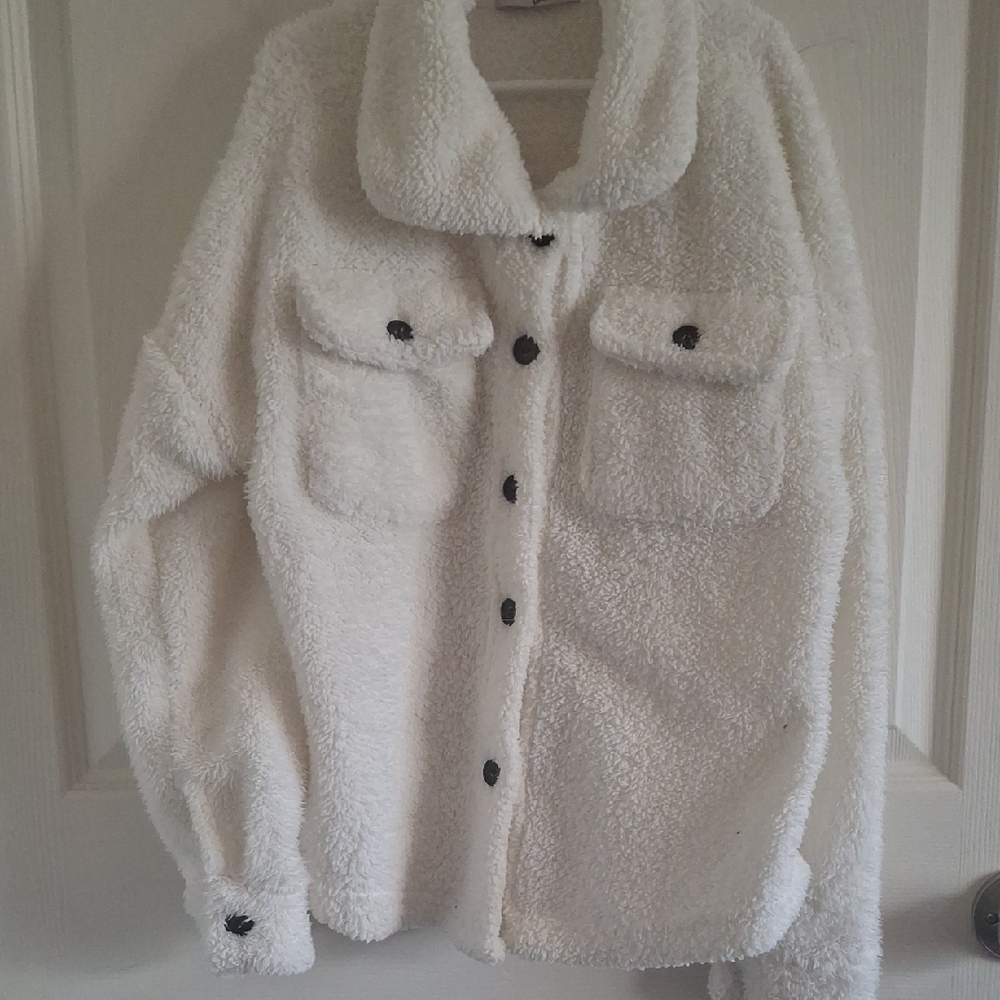Kids White Sherpa Jacket with Black Buttons